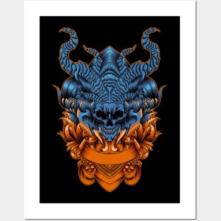 Skull with horns with ornament illustration Posters and Art